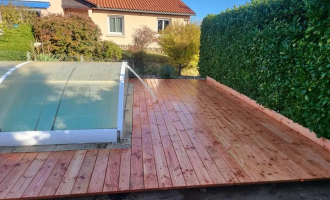 INSTALLATION TERRASSE BOIS EN DOUGLAS SUR RENAISON, Roanne, Les Ouvertures Melot